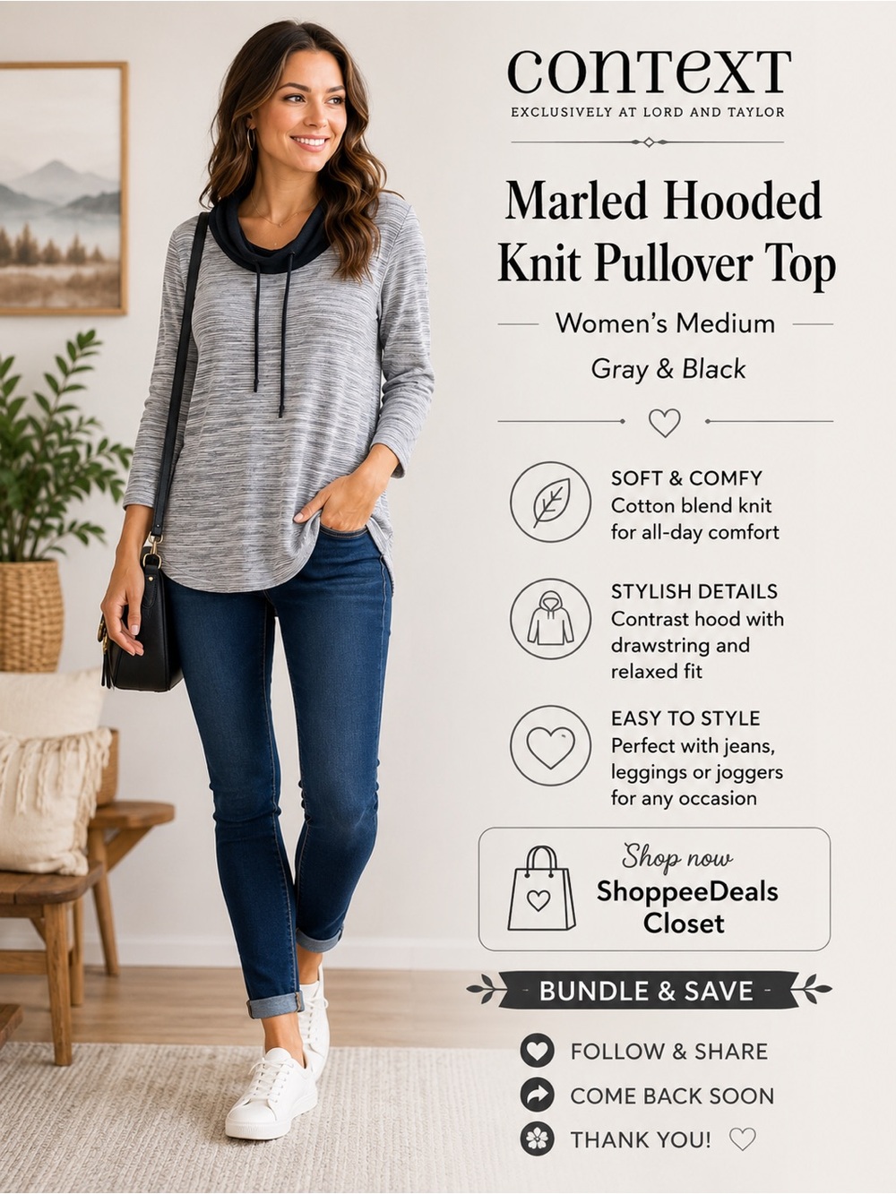 Context by Lord & Taylor Marled Hooded Knit Pullover Top – Women’s Medium